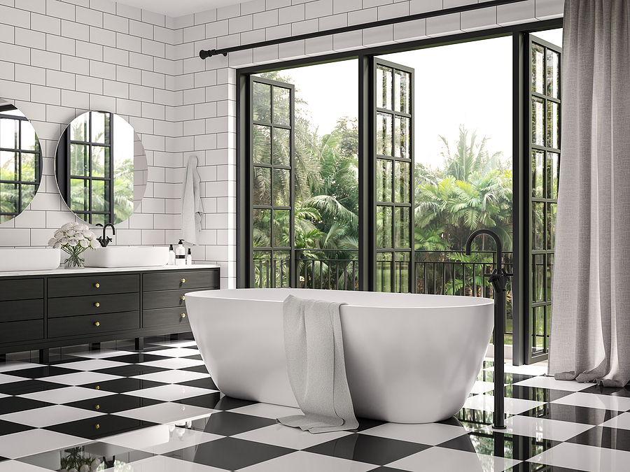 Classical Bathroom 3d Render,there Are Checker Floor Tile And Wh domestic water pumps nz